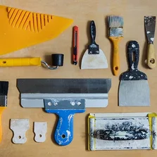 Wandtechnik - Instrumentarium für die Herstellung von Reparatur-Draufsicht - Stock-Fotografie