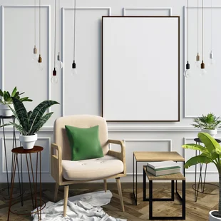 Wohnzimmer - Wohnzimmer mit Parkettboden und Zierprofilen an der Wand als Gestaltungselement.