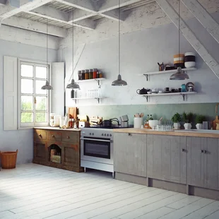 Küche Lehmputz - Vintage Küche im Bauernhaus, gestrichen mit schlichten Naturfarben.
