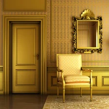 Farbenfroh - Luxus Wohnzimmer mit vielen goldenen Zierprofilen und Möbeln Tapete